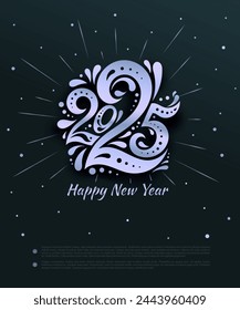 Blue gold Happy New Year 2025. Trend logo of number 2025 with curls. Template web banner, poster, greeting for social networks, media. Gold vector logo 2025 on a green background with golden sequins.