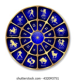 Blue gold horoscope circle.Circle with signs of zodiac.Vector illustration