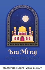 a blue and gold image of a mosque with Isra Mi'raj