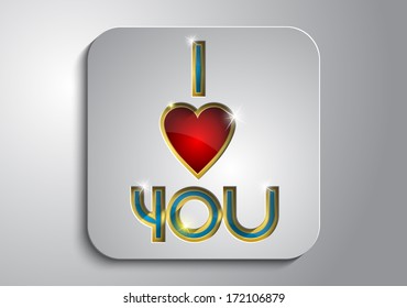 Blue and gold inscription I you with red-golden heart in a gray icon on a gray background