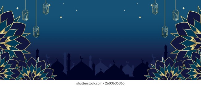 Blue Gold Islamic Background Template for Ramadhan and Eid Al Fitr Banner Vector Illustration