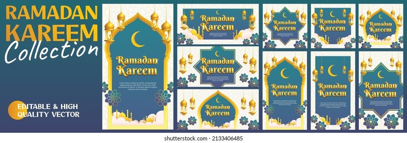 Blue gold islamic style ramadan kareem greeting card, background, horizontal banner and social media story template. Including ramadan element like lantern, mosque and arabic pattern. Mega set bundle