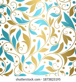 Blue and gold leaves seamless pattern. Vintage vector ornament template. Paisley elements. Great for fabric, invitation, background, wallpaper, decoration, packaging or any desired idea.