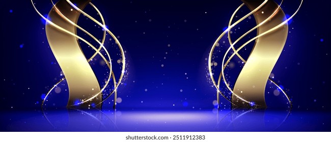 Diseño de fondo abstracto de la etapa de premio de luz azul y dorado. Espacio de estudio del ganador de oro 3D. Plantilla premium de concierto o ceremonia vacía con brillo y textura bokeh. Fondo de presentación nocturna