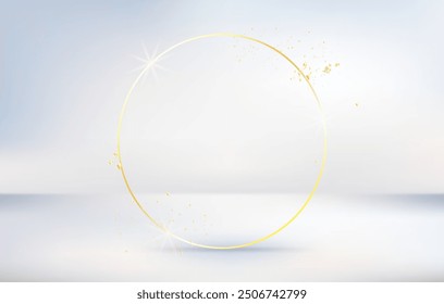 Blue and gold light box space vector design background. Stylish curve abstract card. Trendy blank backdrop texture. Neutral pastel colored surface. Design banner. Golden round frame with glitter.