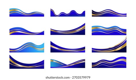 Conjunto de bordes de línea azul y dorado, marco curvo de lujo para Anuncio o certificado aislado sobre fondo blanco, colección