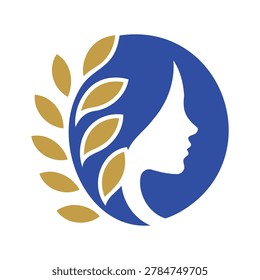 Blue and gold logo of a womans face with leaves profile view