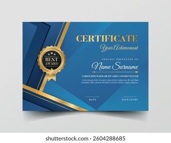 Blue and gold luxury certificate template suitable for recognizing outstanding achievements in competitions or awards ceremonies. Perfect for celebrating academic or professional success