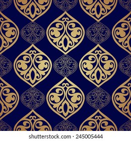 Blue and gold luxury damask seamless motif . Vintage Victorian style pattern.Vector illustration