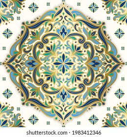 Blue and gold luxury seamless pattern on a white background. Vector ornament template. Traditional Turkish, Indian motifs. Great for fabric and textile, wallpaper, packaging or any desired idea.