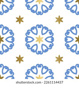 Blue and gold luxury vector seamless pattern. Ornament, Traditional, Ethnic, Arabic, Turkish, Indian motifs. Great for fabric and textile, wallpaper, packaging design or any desired idea. 