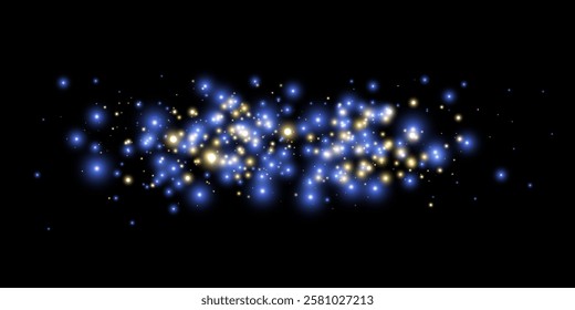 Blue and gold magic sparks and dust stars. Blue glow flare light effect. Vector particles on black background. 