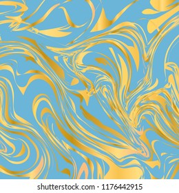 Blue and gold marble texture background. Liquid effect backdrop. Imitations of hand drawn acrylic painting. Marbling surface vector illustration. Easy to edit template for your design projects.