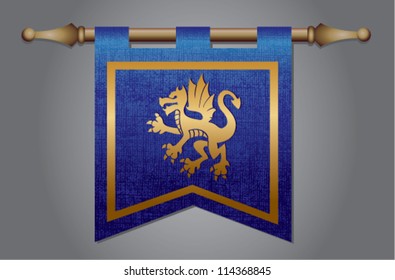 Blue and gold medieval banner flag with cloth texture and symbol of a dragon