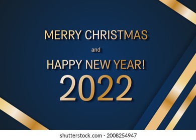 Blue gold Merry Christmas 2022 Happy New Year card with foil gradient texture lines, dark background. Festive rich design for holiday card invitation calendar poster. Happy New Year gold text on blue.