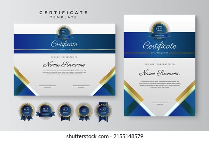Modelo de certificado moderno de oro azul diseño vectorial, para empresas, necesidades educativas, diplomas, premios de cursos en línea