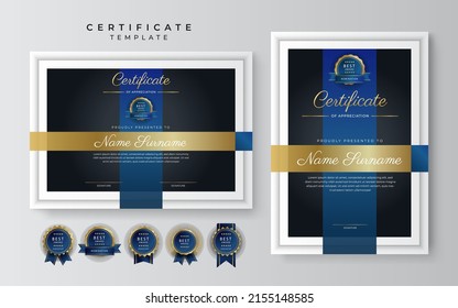 Modelo de certificado moderno de oro azul diseño vectorial, para empresas, necesidades educativas, diplomas, premios de cursos en línea