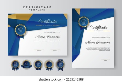 Modelo de certificado moderno de oro azul diseño vectorial, para empresas, necesidades educativas, diplomas, premios de cursos en línea