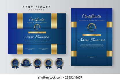 Blue gold modern certificate template vector design, for business, company, education needs, diploma, online courses awards