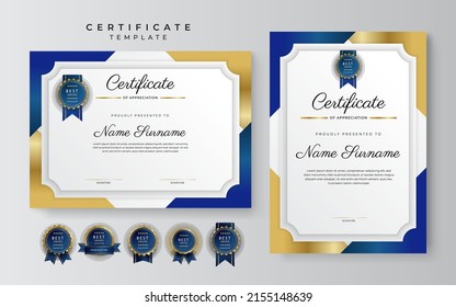 Blue gold modern certificate template vector design, for business, company, education needs, diploma, online courses awards