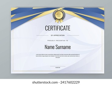 Blue and gold modern certificate template for corporate, achievement, diploma, award, graduation, completion, appreciation, acknowledgement, recognition etc