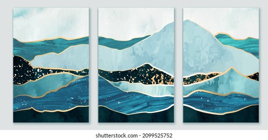 Blue and gold mountain, hills, sea wall art  triptych. Abstract  landscape collage with hand painted textures. Iceberg, waves. Luxury print for home decor, cover, packaging.