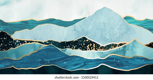 Blue and gold mountain, hills, sea horizontal wall art. Abstract  landscape collage with hand painted textures. Iceberg, waves. Luxury print for home decor, cover, packaging.