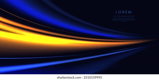 Blue and gold neon light curve effect on dark blue background. Vector illustration