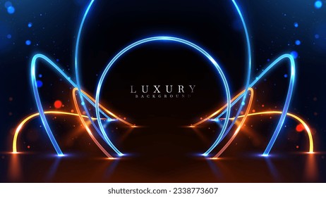 Blue and gold neon light lines overlap with circle frame elements on dark scene with bokeh decoration. Futuristic background design concept, luxury style.