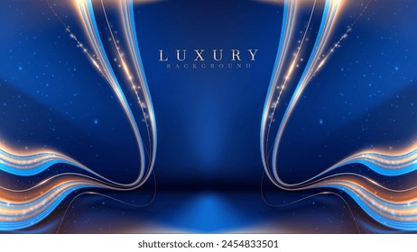 Blue and Gold Neon Light Lines on a Dark Background, Dotted with Glimmering Particles to Create a Sense of Futuristic Motion and Flow. Vector Illustration.