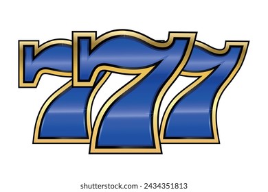 Blue and gold number 777 on a white background. Winning combination in a casino. Vector illustration