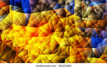 Blue, gold, orange geometric pattern, triangles background, polygonal design.