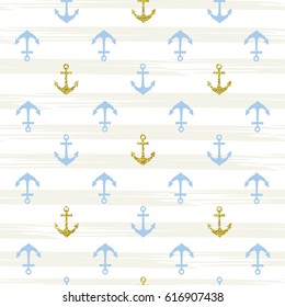 Blue and gold pattern background with anchor. Vector