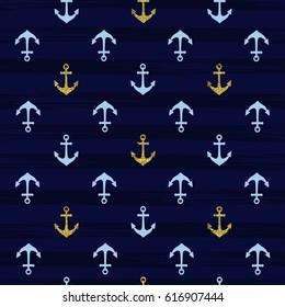 Blue and gold pattern background with anchor. Vector