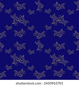 Un patrón azul y dorado de peces dorados en el medio. Diseño para tela, fondo, alfombra, Fondo de pantalla, ropa, batik, envoltura, estilo de Ilustración vectorial. Estilo de patrón sin fisuras