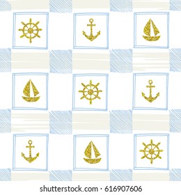 Blue and gold pattern in marine style. Vector