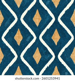Blue and gold pattern with white lines, symmetrical diamond shapes. grunge lines ikat pattern, striped seamless pattern, Vector illustration background for print the paper.