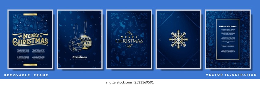 Desenhos de cartazes de Natal padronizados azuis e dourados para cartões de felicitações e layouts com espaço de cópia. Dourado Feliz Natal Tipografia e ornamentos dourados. Projeto de padrão de férias de inverno azul suave. Vetor.