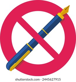 Blue and gold pen isolated barred by the circular red prohibition symbol in flat design style (cut out)