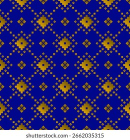 Patrón étnico de píxeles azul y dorado. Un diseño popular geométrico sin fisuras con vibrantes motivos de diamantes. Ideal para textiles, ropa y decoración.
