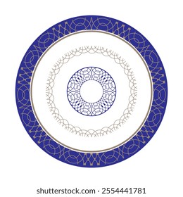 Blue and gold plate with openwork element in the center. Vintage, ethnic vector frame with arabesques. Beautiful round frame arabesque. Pattern frame for round surfac, household utensil, textile. EPS