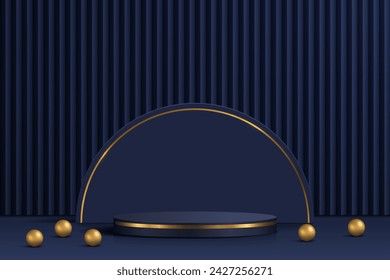 Blue with gold podium with geometric backdrop and ball in 3d room scene for product display, minimal stage design ,luxury platform for presentation, advertising.