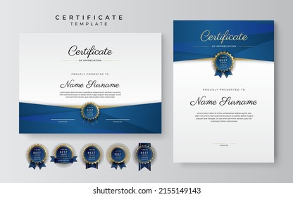 Blue and gold premium certificate of achievement template on white background. Vector illustration for multipurpose business, corporate and education needs