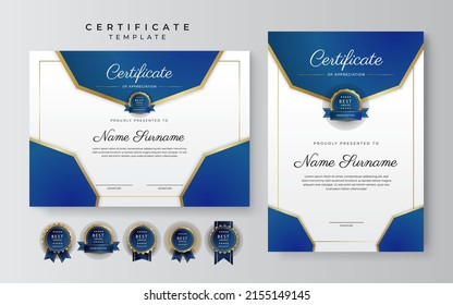 Blue and gold premium certificate of achievement template on white background. Vector illustration for multipurpose business, corporate and education needs
