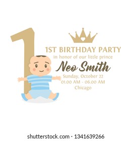 Blue and gold prince party decor. Cute happy birthday card template elements. Birthday first party and boy baby shower design elements set. classic pattern backgrounds.