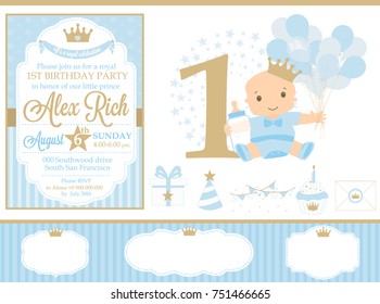 Blue and gold prince party decor. Cute happy birthday card template elements. Birthday first party and boy baby shower design elements set. Seamless classic pattern backgrounds. svg