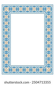 Ornamento nacional kazajo asiático islámico de Vertical rectangular de oro azul. Formato A4. Marco de patrón kazajo, frontera, adorno decorativo del kazajo, kirguiso, mongol, tártaro, uzbeko, tayiko