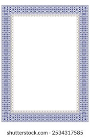 Blue and gold rectangular Vertical Islamic national ornament frames Arabesque. A4 format. Abstract Islamic elements of the national pattern. Pattern frame for sandblasting and ceramics, embroidery