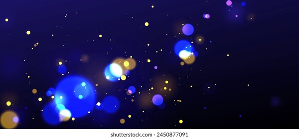 Blue, gold and red bokeh background with glitter. Dark night magic and luxury holiday pattern. Shine and glow blur navy design panorama. Elegant festive backdrop with bling and blurry circle dust