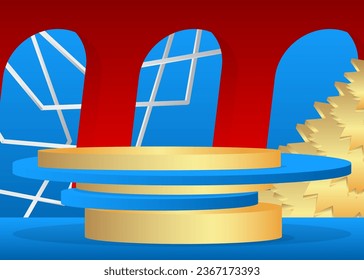 Blue, gold, red and white vector cylinder pedestal podium. Mockup product display, stage showcase for presentation.